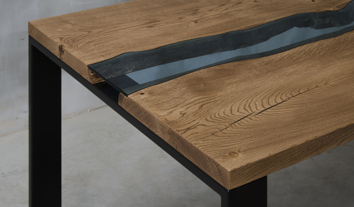 TISCH GLAS FLUSS EICHE DUNKLE